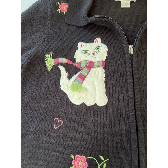 VTG Allison Daley Women SM Black Pink Zip Up Sweater Crazy Cat Lady - Picture 4 of 12